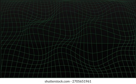 Dark background with a dynamic green neon grid. It forms a flowing, warped wave pattern suggesting a futuristic or virtual reality landscape.