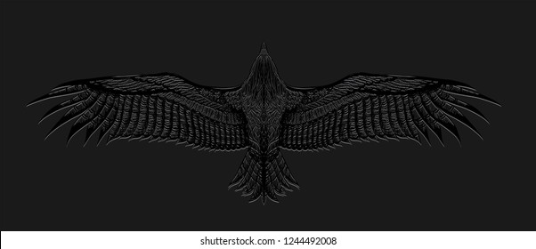 Dark background with feathers pattern. Drawing bird on the black backdrop. Engraving eagle for tattoo art.