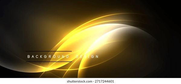 Dark background features golden, flowing lines. Bright center radiates light, creating dynamic visual effect. Modern design element.