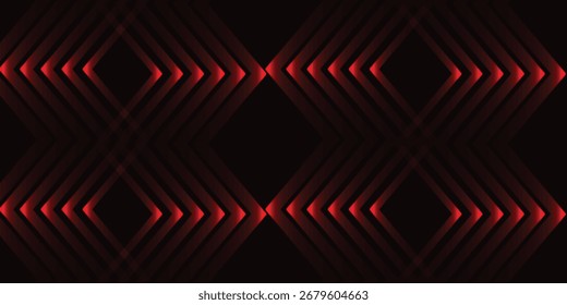 A dark background features a symmetrical pattern of red diamond shapes, creating a visual effect of depth and light. The overlapping lines form a complex, ge...