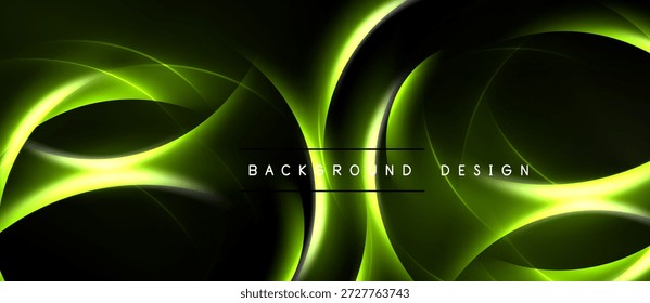 El fondo oscuro presenta vibrantes curvas de neón verde. Las líneas Abstractas crean un efecto visual dinámico y fluido. Elemento de diseño moderno.