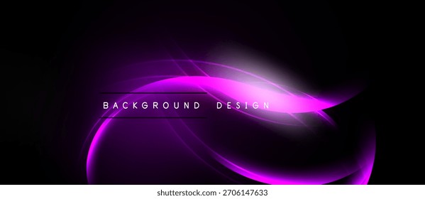El fondo oscuro presenta ondas púrpuras vibrantes. Las líneas suaves crean un diseño abstracto, un efecto brillante presente. El texto lee el diseño de fondo.