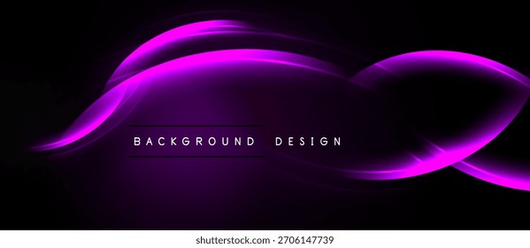 Dark background features vibrant purple flowing shapes. Modern design element, smooth curves create dynamic visual impact.