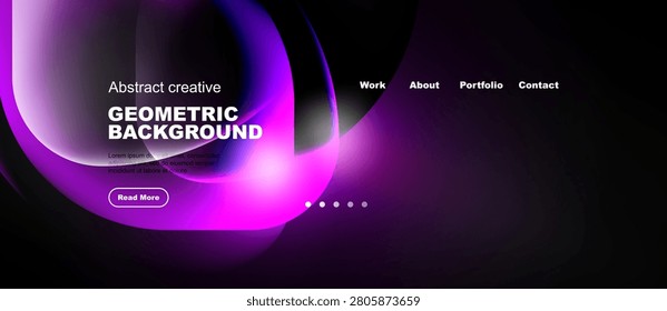 Dark background features vibrant purple abstract shapes. Text overlays include geometric title, menu options, plus read more button. Minimalist design.