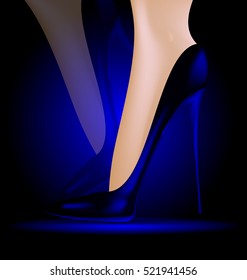 dark background and feet in blue ladys shoes