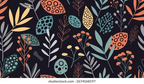 A dark background filled with abstract floral botanical elements in muted earthy tones