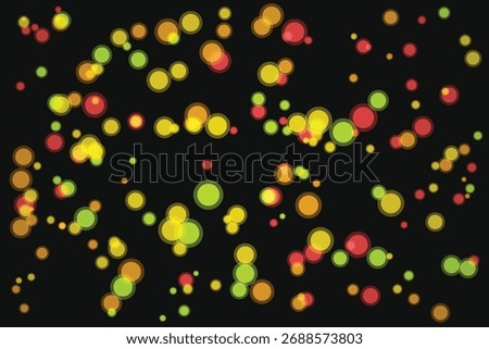 A dark background is filled with numerous colorful, blurred circles resembling bokeh lights in shades of red, yellow, green, and orange.
