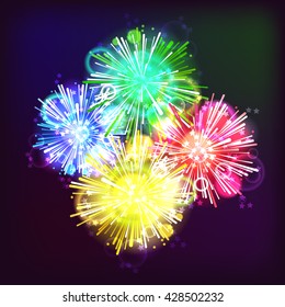 Dark background with fireworks. Night sky. Light effects.
