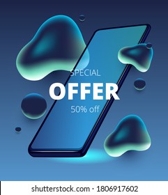 dark background with floating drops of liquid and mobile phone