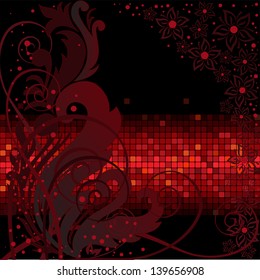 dark background with floral composition on the red band