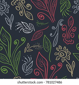 Dark background with flowers, leaves. Seamless Wallpaper.