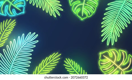 Dark background with frame of glowing neon tropical plant leaves