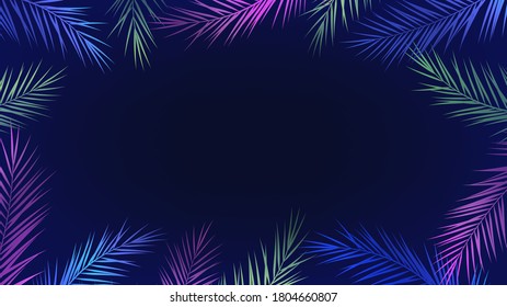 Dark background with frame of palm branches neon flowers, tropical party style