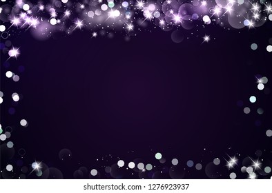 Dark background with frame of shiny blurred bokeh lights and stars. Copy space for your text. Vector illustration.