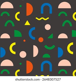 Dark background geometric pattern with bold and vivid colors. Striking contrast and modern shapes perfect for stationery, tech accessories, and edgy textile prints.