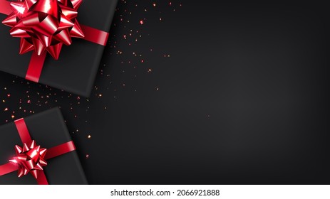 dark background with gifts wrapped in black paper and tied with a red shiny ribbon in a bow. Vector realistic illustration for birthday, valentine's day, or other holiday in flat lay style