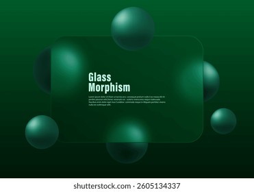 Dark background in glass morphism style. Frosted glass screen with overlay effect on floating 3D spheres.