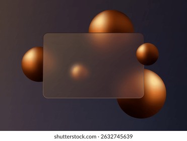 Fondo oscuro en estilo morfismo de vidrio con esferas de metal bronce.