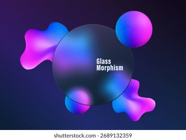 Dark background in glass morphism style with bright neon blue and purple liquid shapes, round glass panel