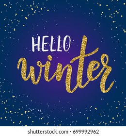 Dark background with glitter handwritten calligraphy text "Hello winter".