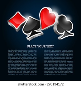 Dark background with glossy 3D cards suits and sample text