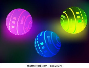 Dark background of glowing colorful balloons