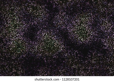 Dark background with glowing dots, circles. Abstract lights, universe, galaxy. Space pattern. Vector illustration 