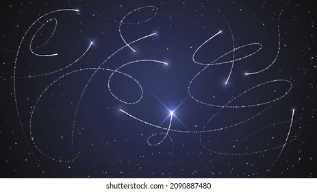 Dark background with glowing flying silver sparks with trails