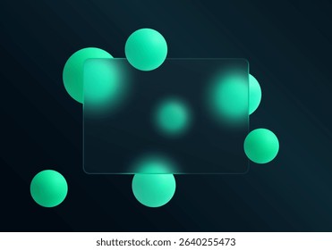 Dark background with glowing green spheres and transparent panel
