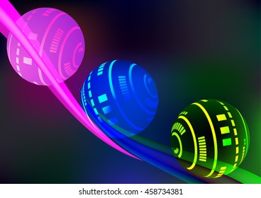 Dark background of glowing lines and colorful balloons