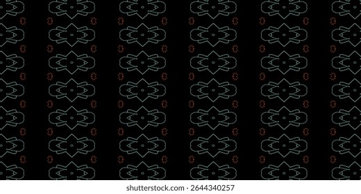 Dark background with glowing neon blue geometric shapes and dotted orange starbursts in seamless symmetry.