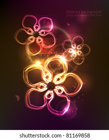 Dark background with glowing neon floral ornament and light effects. EPS10