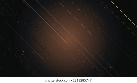Dark background with glowing orange light streaks and star trails in the night sky.
