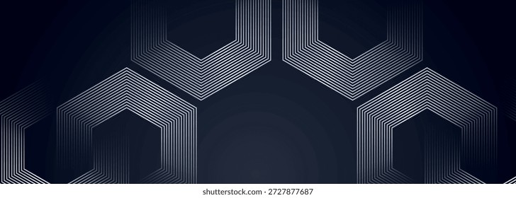 Fondo oscuro con patrón de líneas geométricas hexagonales blancas brillantes. Concepto de tecnología futurista moderno para el Anuncio, la publicidad y el Sitio web.