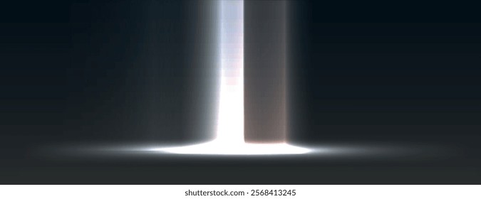 Dark background with a glowing white light beam. The background is smooth and the white light creates a soft gradient effect. Neon light background vector. Dark background.