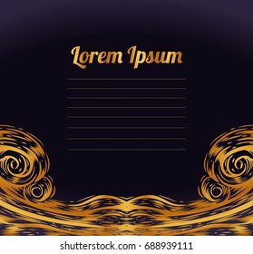 Dark background with gold wavy elements. Hand drawn decoration backdrop for design invitation card, wedding card, menu restaurant. Vector illustration.