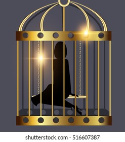 dark background, a golden cage and the black silhouette of ladies inside