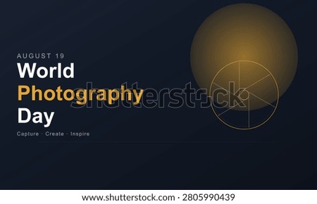 A dark background with a golden camera lens and text reading 'World Photography Day' in white and yellow, celebrating the art of photography.