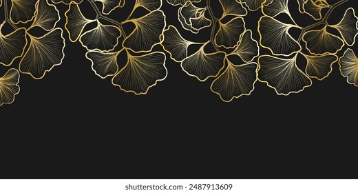 Dark background with golden gingko leaves. Sketch, engraving leaves.