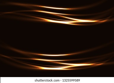 Dark background with golden glowing shiny lines effect.  Vector. Abstract light speed motion effect. Gold wavy trail. 