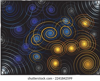 Dark background. Gray spirals on a black background with yellow-blue accent spirals of various shades. 