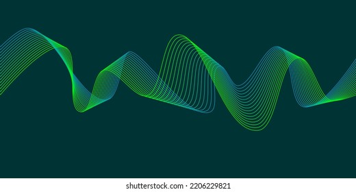 Fondo oscuro Líneas de onda azul verde. Diseño de ondas flotantes Resumen ecualizador digital flujo de onda de sonido. Ilustración de vectores de línea para el fondo del concepto de innovación tecnológica futurista Diseño gráfico EPS 10