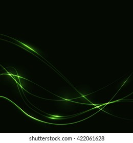 Dark background with green laser shine glow neon waves