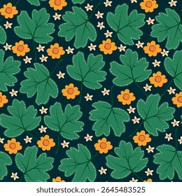 Dark Background with Green Leaves and Yellow Small Flowers. Cute fall seamless pattern with maple tree leaf perfect for cards, patterns, print, web