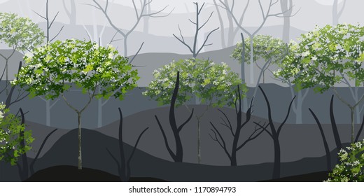 Dark background of green tree in forest fog area. Silhouettes of dry trees in forest. Vector illustration.