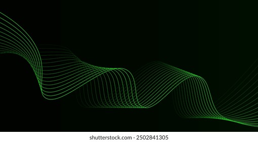 Dunkler Hintergrund Grün Türkis Wellenlinien. Flussende Wellen Design Abstrakte digitale Entzerrer Klangwelle. Fließen. Linie Vektorgrafik für tech futuristisches Innovationskonzept Hintergrund Grafikdesign