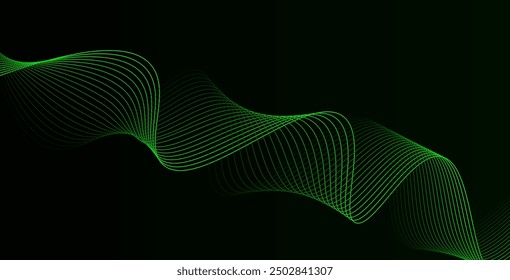 Fondo oscuro Líneas de onda verde turquesa. Ondas que fluyen diseño Abstractas ecualizador digital onda de sonido. Flujo. Ilustración vectorial de línea para Diseño gráfico de fondo de concepto de innovación futurista de tecnología