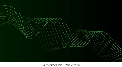 Fondo oscuro Líneas de onda verde turquesa. Ondas que fluyen diseño Abstractas ecualizador digital onda de sonido. Flujo. Ilustración vectorial de línea para Diseño gráfico de fondo de concepto de innovación futurista de tecnología