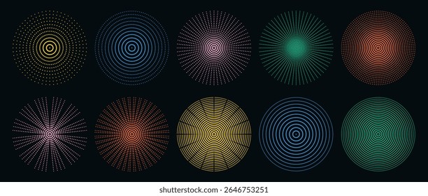 Fundo escuro meio-tom radial colorido pontilhado formas circulares coleção abstrato padrão geométrico definir movimento elemento ilusão vetor design brilhante efeito néon simetria explosão