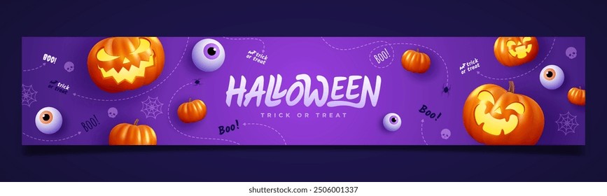 Dark background Halloween banner template, ghostly pumpkin, and spooky elements. Perfect as website background or Halloween themed banner design.